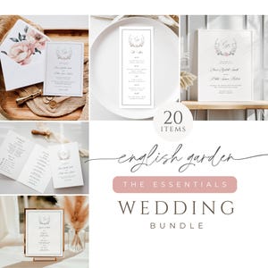 May include: A wedding invitation suite with a floral theme. The suite includes a save the date card, invitation, RSVP card, and details card. The cards are all white with a pink floral design and calligraphy text. The text includes the couple's names, wedding date, and location. The suite is labeled "English Garden Wedding Bundle" and includes 20 items.
