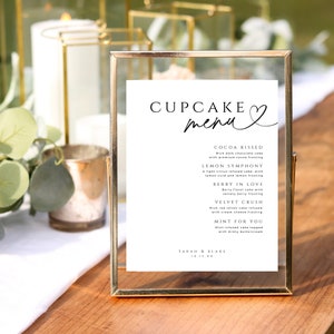 Cupcake Menü Vorlage, Minimales Hochzeitstortenschild, moderne Dessert Bar, bearbeitbare süße Tischaromen, SOFORTIGER DOWNLOAD, weiß, WED04