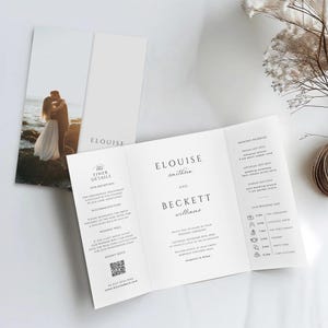 Peut inclure: Suite d'invitation de mariage élégante avec une photo d'un couple au recto. L'invitation se déplie pour révéler les détails de l'événement, dont les noms "ELOUISE smithson AND BECKETT williams". Comprend un code QR et un calendrier.