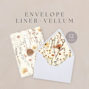 Puede incluir: Un sobre blanquecino con un diseño floral y un forro a juego. El texto "ENVELOPE LINER + VELLUM" está en la parte superior. Un gráfico circular indica "12 TAMAÑOS". Un sello de cera está en el sobre.