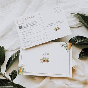 Carte postale RSVP QR Code, faire-part carte-réponse agrumes tropicaux, insertion florale de mariage orange, modèle monogramme or, téléchargement immédiat, WED15