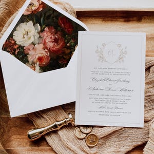 Dunkel und stimmungsvolle Hochzeitseinladung, Gold Toile Einladung, Vintage Monogramm Crest, Traditionelle Kalligraphie Vorlage, Gothic Umschlag Liner, WED29