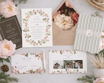 Wedding Invitation Suite Dark and Moody, Spring Garden Invite, Enchanted Forest, Sage Green and Pink, Striped, INSTANT DOWNLOAD, WED36