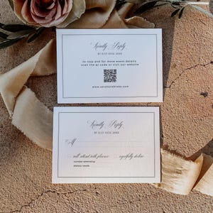 May include: Two white RSVP cards with gray borders and elegant script. The cards include the text "Kindly Reply" and "BY JULY 10TH, 20XX". One card has a QR code and website address. The other card has RSVP options.