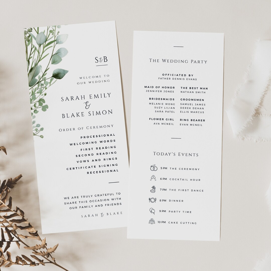 Sage Wedding Program Template, Printable Ceremony With Icons, Order of ...