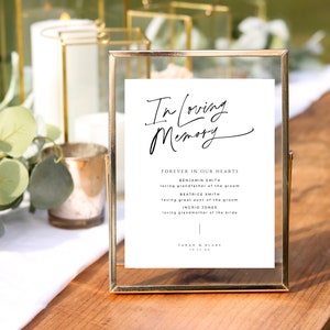 May include: A gold-framed sign with the text "In Loving Memory" and a list of names with their relationship to the couple. The text reads "Forever in our hearts" followed by the names Benjamin Smith, Beatrice Smith, and Ingrid Jones, with their respective relationships to the couple. The sign also includes the date "10.12.XX" and the names "Sarah & Blake".
