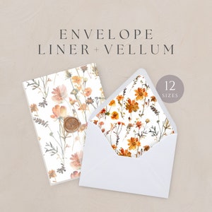 Umschlag Liner Wildblumen, druckbare Pergamentjacke Blumenvorlage, 13x18 Orangefarbene Einladung Verpackung, A7 Euro Klappe Klappe, SOFORTIGER DOWNLOAD, WED10