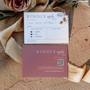 Rsvp cartes avec repas au choix, faire-part de mariage Rsvp floral orange brûlé, fleurs sauvages avec code QR, automne Bourgogne, TÉLÉCHARGEMENT IMMÉDIAT, WED11