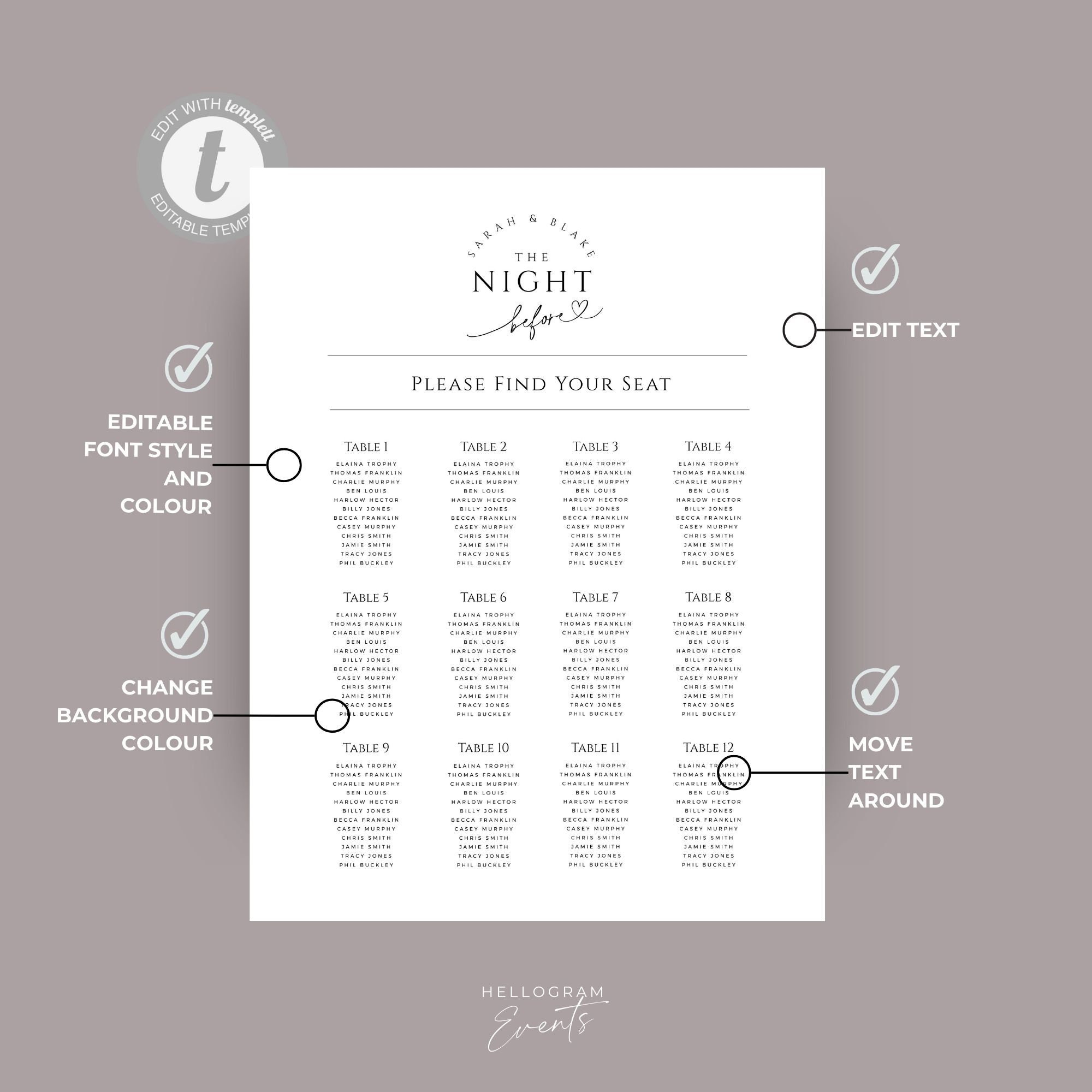 Rehearsal Dinner Seating Chart, Editable the Night Before Guest Table ...