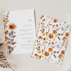 May include: Wedding invitation with a floral design. The invitation features a watercolor illustration of orange and brown wildflowers on a white background. The text reads "S&B Together with their families Sarah Emily & Blake Simon Invite you to share in their Wedding Ceremony Sat 26 Aug Two Thousand & Twenty XXXX at four o'clock in the afternoon 327 Canyon Rd. Toronto, ON reception to follow."
