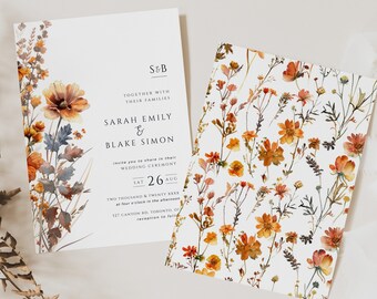 Navy Blue And Burnt Orange Wedding Invitation, Wildflower Invite With Pattern, Fall Rustic Autumn Watercolor Floral, INSTANT DOWNLOAD, WED10