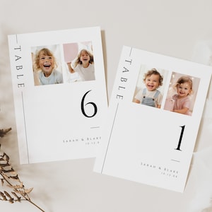 Numeri di tavolo per foto di neonati, modello stampabile di biglietto con fotografia d’infanzia, addio al nubilato minimo, DOWNLOAD IMMEDIATO, bianco, MER04