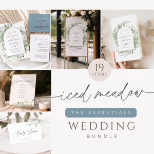 May include: A wedding invitation suite with a green and white floral design. The suite includes a save the date card, invitation, RSVP card, and details card. The text on the invitation reads "Sarah & Blake" and "26".