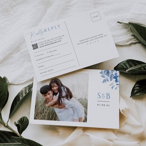 Carte postale QR Code RSVP, carte-réponse d'invitation en toile française, encart de mariage bleu poussiéreux, modèle de photographie d'image, téléchargement immédiat, WED14