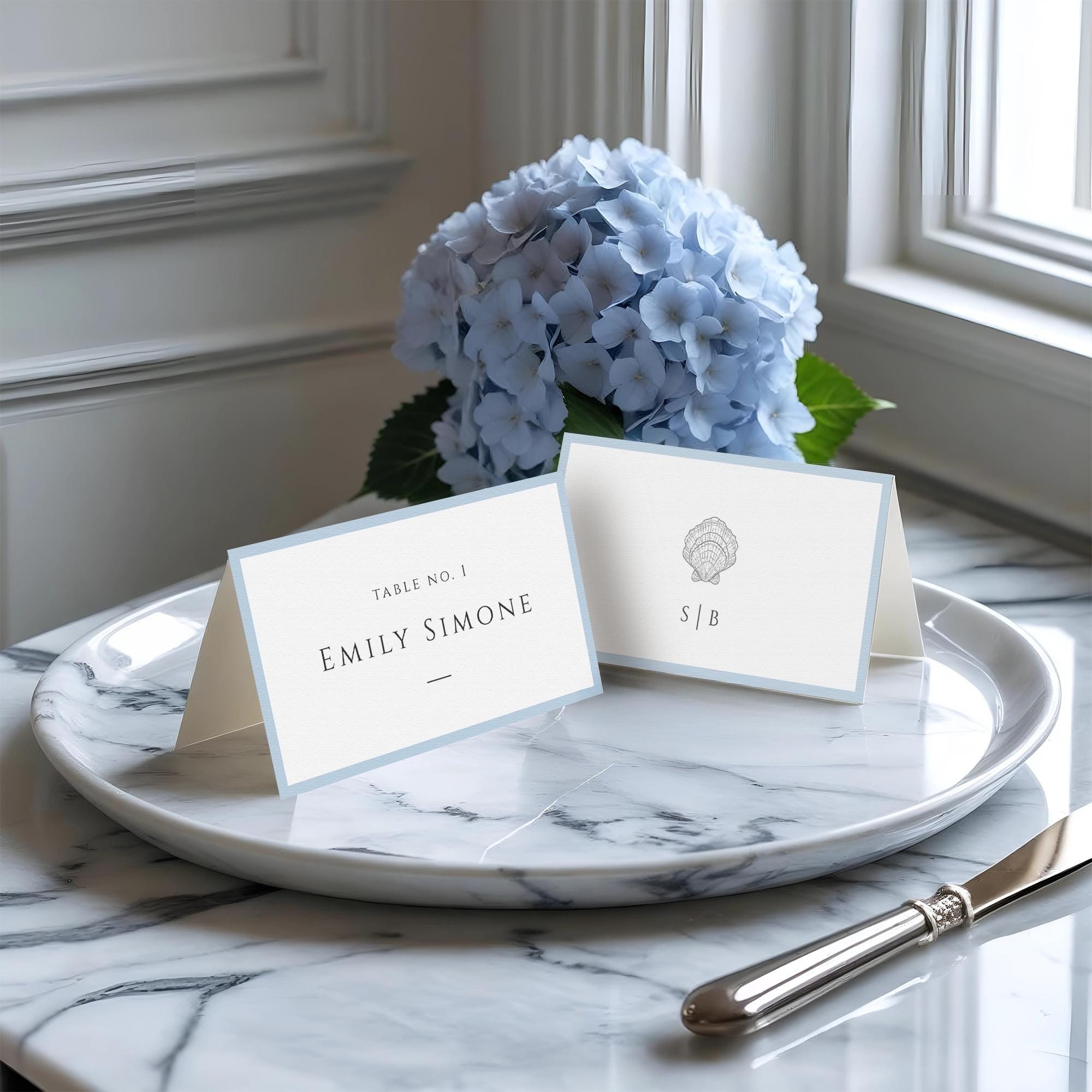 Place Cards Wedding Coastal, Dusty Blue Name Card, Tropical Beach Table Seating, Printable Folded Flat Template, INSTANT DOWNLOAD, WED23