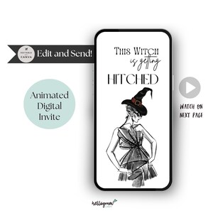 Könnte beinhalten: Animierte digitale Einladung zu einer Hochzeit mit einer Hexe, die ein schwarzes Kleid und einen Hexenhut trägt. Der Text lautet "This Witch is getting Hitched".