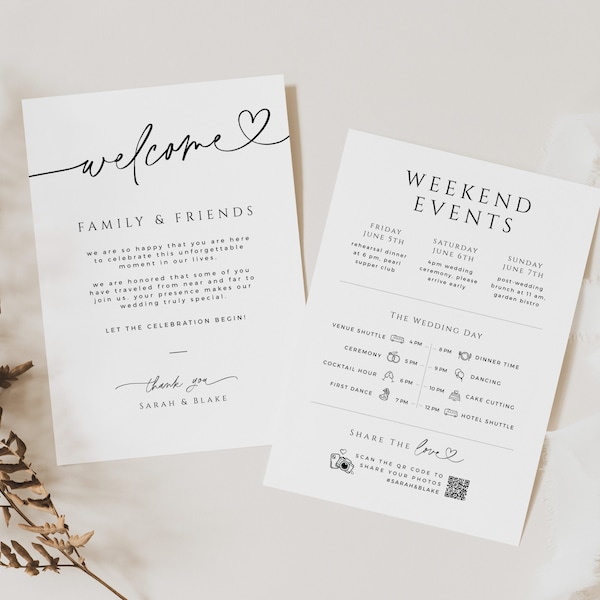 Thank You Note Wedding Welcome Bag, Minimalist Weekend Itinerary, Timeline Infographic Guest Place Card, 5x7, INSTANT DOWNLOAD, White, WED04