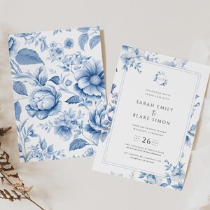 Plantilla de invitación de boda en estilo francés Toile, invitación imprimible en azul polvoriento, ceremonia en un jardín vintage, chinoiserie rosa, DESCARGA INMEDIATA, MIÉRCOLES 14