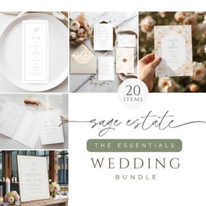 May include: A wedding bundle with various stationery items, including invitations, menus, and save-the-date cards. The design features a minimalist style with floral accents and elegant typography. The text "Sage Estate" and "Wedding Bundle" are visible.