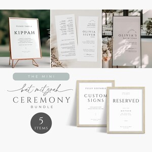 Puede incluir: Un conjunto de cinco carteles imprimibles para una ceremonia de bat mitzvah. Los carteles son de estilo minimalista con un fondo gris claro y texto negro. Los carteles incluyen "Por favor, tome una kipá", "La Bat Mitzvah Olivia Silver", "La Bat Mitzvah de Olivia", "Carteles personalizados totalmente editables" y "Reservado para la madre de la niña de la Bat Mitzvah".