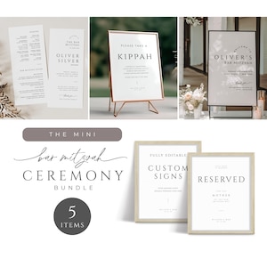 May include: A set of five printable signs for a Bar Mitzvah ceremony. The signs are in a minimalist style with a light brown background and black text. The signs include "The Bar Mitzvah", "Oliver Silver", "Please Take a Kippah", "Oliver's Bar Mitzvah", and "Reserved for the Mother of the Bar Mitzvah".
