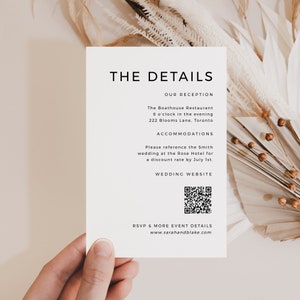 Bruiloft uitnodigen QR-code invoegen, detail kaart bijlage sjabloon, bewerkbare minimalistische RSVP bruiloft website, INSTANT download, wit, WED08
