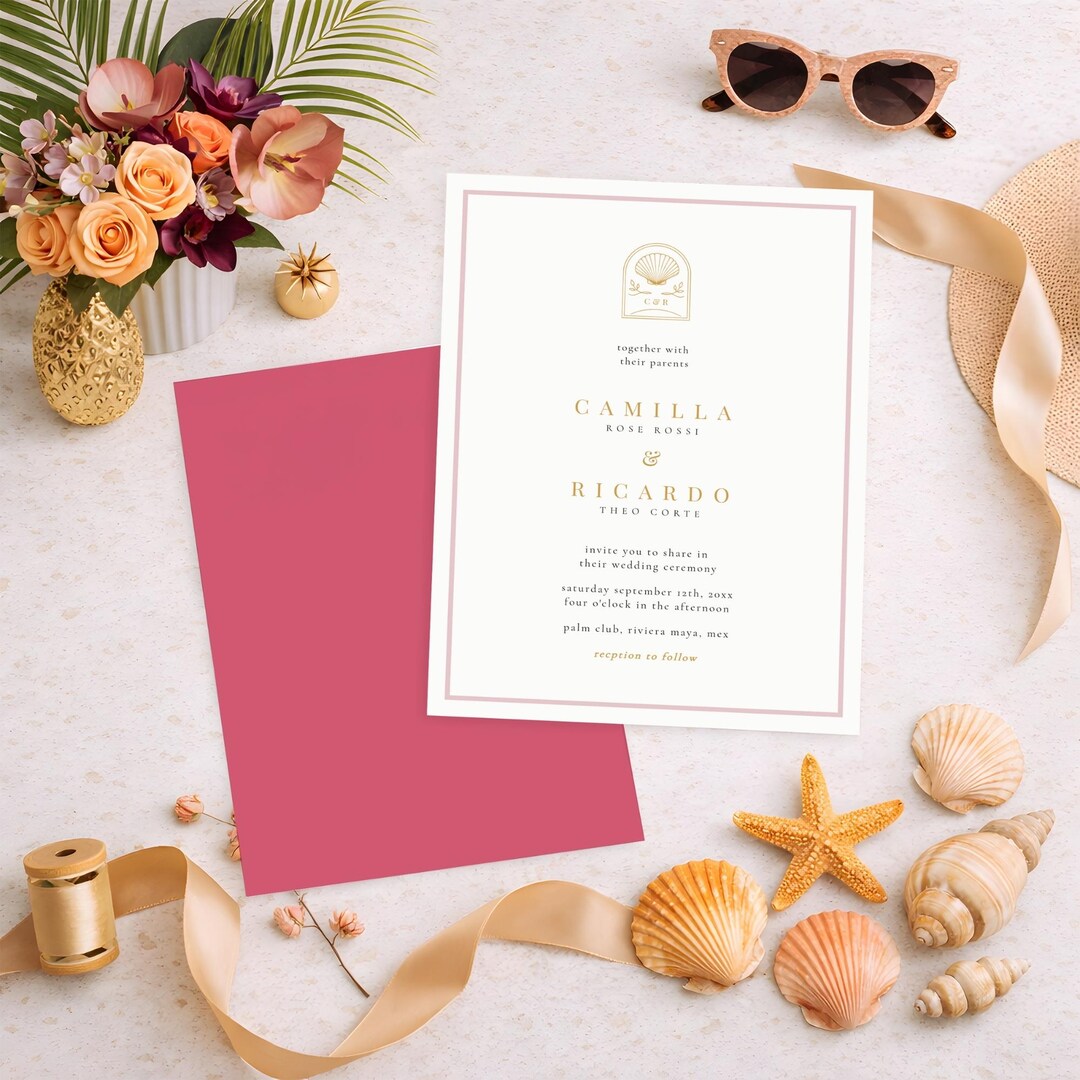 Shell Wedding Invite Template, Destination Wedding Invitation Cancun ...