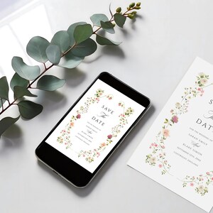 ワイルドフラワーのデジタルセーブザデート、ボヘミアンパステルカラーの結婚式の案内状、ピンクグリーンのコテージガーデンテンプレート、編集可能な電子カード、WED28