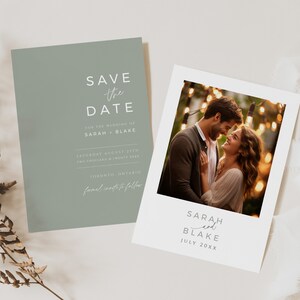 May include: Save the date card with a photo of a couple in front of string lights. The card says "Save the Date" for the wedding of Sarah and Blake on Saturday, August 25th, 20XX in Toronto, Ontario.  Formal invite to follow.