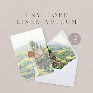 Könnte beinhalten: Ein offener weißer Umschlag mit einer Aquarelllandschaft eines Dorfes in grünen Hügeln. Das Futter und das Pergament des Umschlags sind sichtbar. Der Text "ENVELOPE LINER + VELLUM" steht oben.
