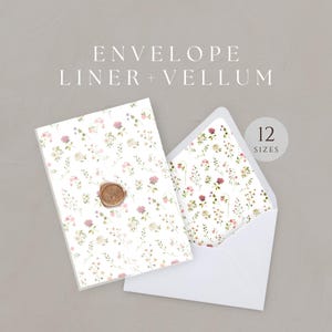 Pergamin Jacke Wildblume, Rosa und Grün Floral Umschlag Liner, 5 x 7 Einladung Wrap Vorlage, A7 Euro Quadrat Klappe, SOFORTIGER DOWNLOAD, WED28