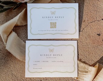 Butterfly Wedding QR Reply Card, Olive Green RSVP Card, Vintage, Rehearsal Dinner, Lime Green, Gold, Instant DOWNLOAD, WED44