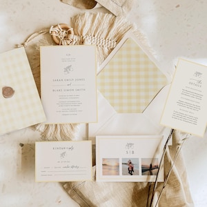 May include: A set of wedding invitations with a yellow gingham pattern. The invitation cards feature a lemon branch design and the text "Sarah Emily Jones and Blake Simon Smith". The RSVP card has the text "Kindly RSVP by 07.01.22".