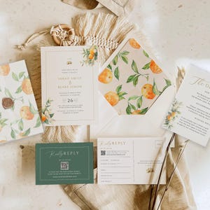 QR-code tropische huwelijksuitnodiging, citrusoranje ceremonie uitnodiging, smaragdgroen en goud bloemen, elegant minimaal, INSTANT DOWNLOAD, wo 15