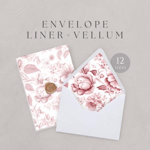 May include: A set of 12 printable envelope liners and vellum featuring a pink floral pattern. The liners are perfect for adding a touch of elegance to your wedding invitations, thank you cards, or other special occasions.