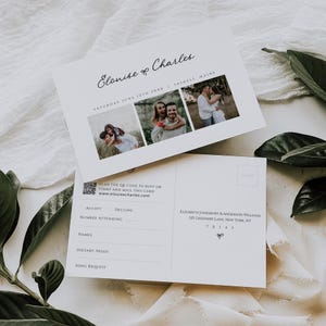 May include: Wedding invitation featuring three photos of a couple, with the names "Elonise & Charles" in elegant script. The card includes the date, location, and RSVP information. The back of the card has space for guest details and an address.