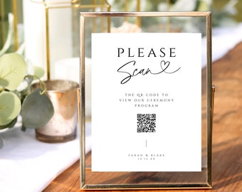 Wedding QR Program, Scannable Code Sign, Printable Digital Welcome, Please Scan Ceremony Details, 5x7, 8x10, INSTANT DOWNLOAD, White, WED04