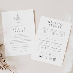 May include: A wedding invitation suite with a black and white design. The front of the invitation features a chandelier illustration and the text "Welcome Friends + Family". The back of the invitation features a schedule of events for the wedding weekend, including a rehearsal dinner, wedding ceremony, cocktail hour, first dance, dinner, dancing, cake cutting, and a hotel shuttle. The text "Share the Love" is written in cursive with a heart symbol. A QR code is included for guests to share photos from the wedding.