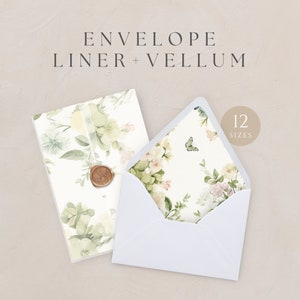 May include: A white envelope with a floral patterned liner. The liner features delicate green leaves, white flowers, and pink accents. A small butterfly is visible in the upper right corner of the liner. The text "12 SIZES" is printed in black on a white circle in the upper right corner of the image.
