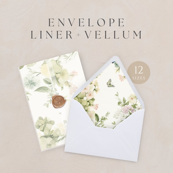 Printable Wedding Vellum Wrap And Envelope Liner, Sage Floral Jacket, English Garden Butterfly Invitation, INSTANT DOWNLOAD, Green, WED04