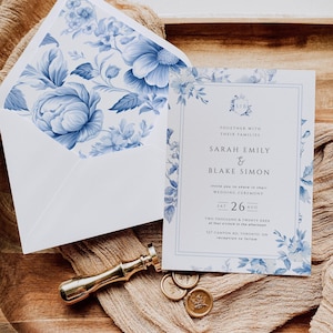 Forro de sobre de tela azul, plantilla de invitación de boda francesa, tarjeta de invitación con monograma vintage floral para jardín, descarga instantánea, miércoles 14