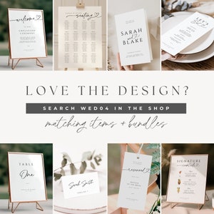 May include: A collection of wedding stationery featuring a simple, modern design with handwritten calligraphy. The set includes a welcome sign, seating chart, wedding program, table number, place card, reserved sign, and signature cocktail menu. The signs are all white with black calligraphy and a small heart symbol.