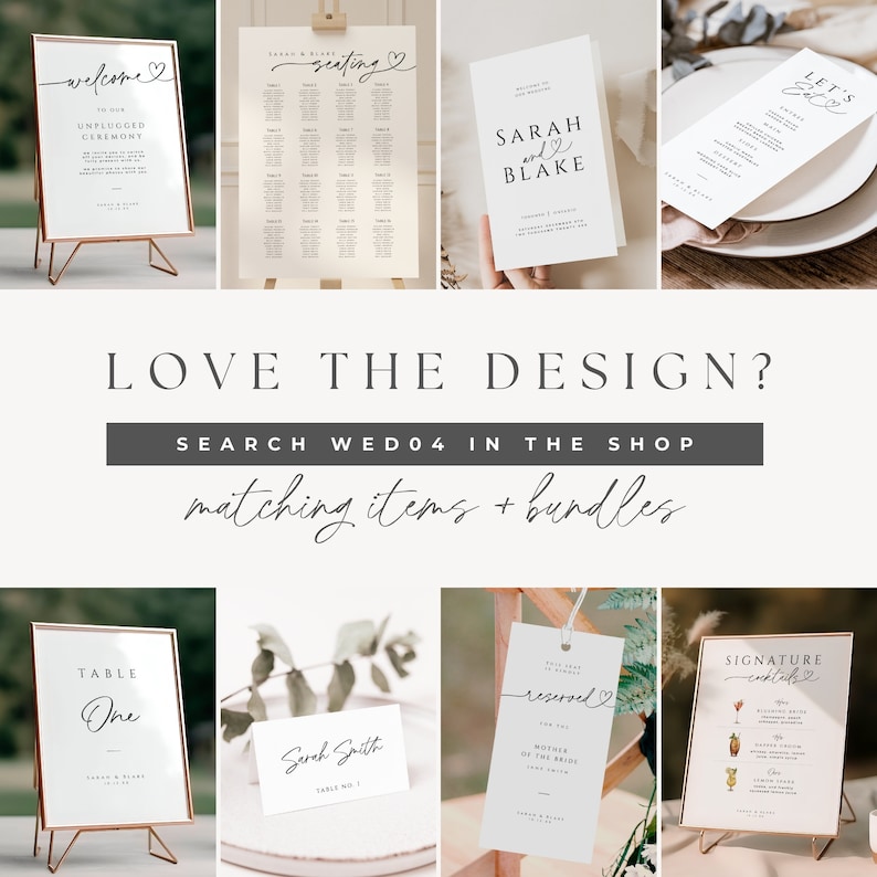 May include: A collection of wedding stationery featuring a simple, modern design with handwritten calligraphy. The set includes a welcome sign, seating chart, wedding program, table number, place card, reserved sign, and signature cocktail menu. The signs are all white with black calligraphy and a small heart symbol.