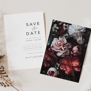Réservez votre date florale de mauvaise humeur, modèle d'invitation sombre minimaliste imprimable, faire-part de mariage modifiable, TÉLÉCHARGEMENT IMMÉDIAT, noir, MER08
