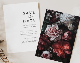 Moody Floral Save the Date, Printable Minimalist Dark Invite Template, Editable Wedding Announcement Card, INSTANT DOWNLOAD, Black, WED08