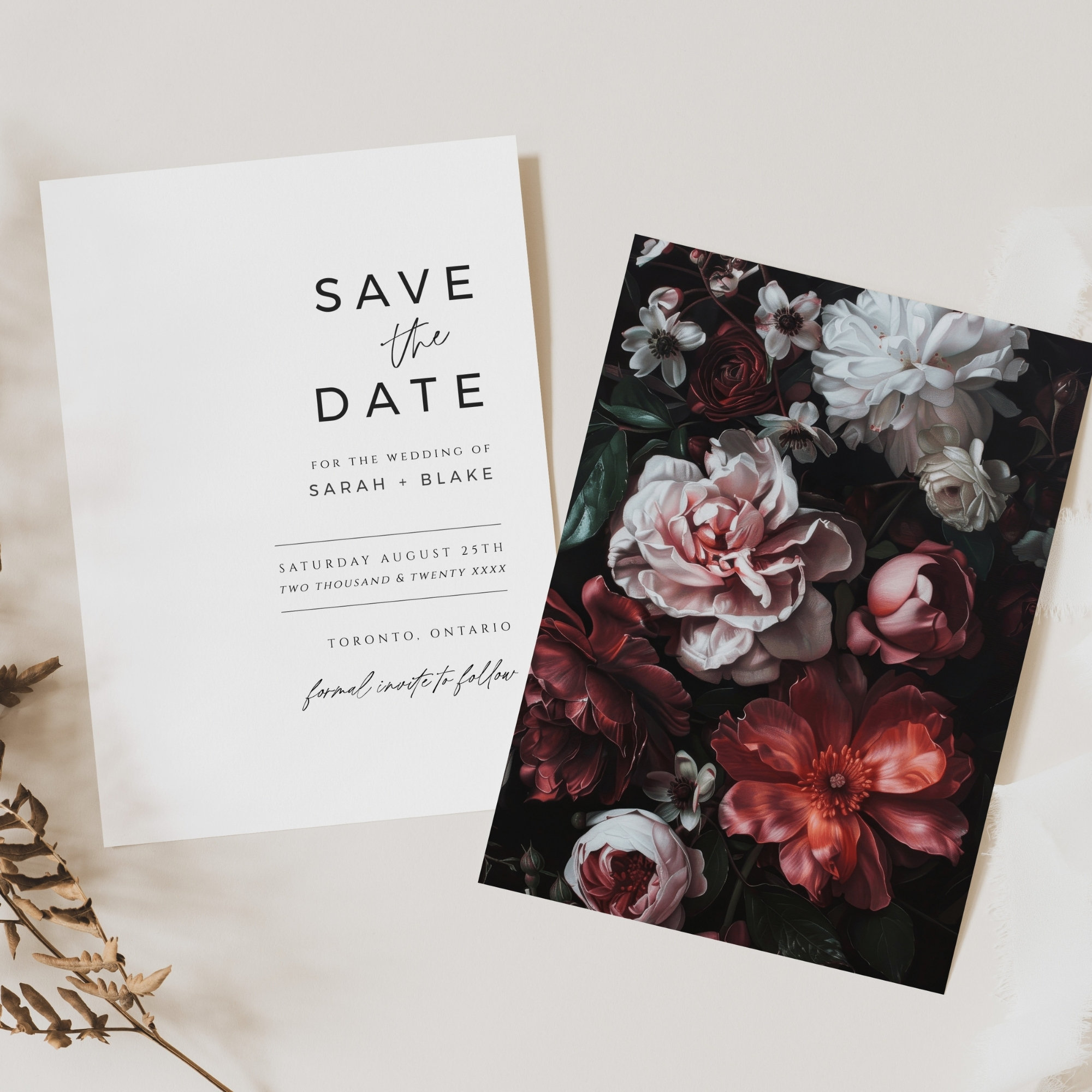 Moody Floral Save the Date, Printable Minimalist Dark Invite Template, Editable Wedding Announcement Card, INSTANT DOWNLOAD, Black, WED08