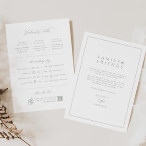 May include: Two white wedding invitation cards with gray text. One card lists weekend events and the wedding day schedule. The other card says "Family & Friends" and includes a message. The cards have a simple, elegant design.