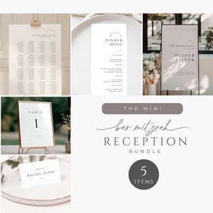 May include: A set of five printable bar mitzvah reception signs in a minimalist style. The signs include a seating chart, dinner menu, welcome sign, table number, and place card. The signs are all white with black text and a simple circle design.