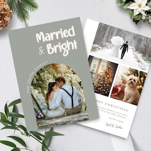 Getrouwd en heldere kerstkaart, Boho Arch pasgetrouwde kerstfotokaart, retro huwelijk bruiloft dank u, INSTANT DOWNLOAD, salie, CAR01