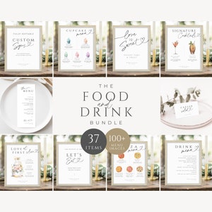 Wedding Bundle Menu, Signature Drink Cocktail, Food Sign Buffet Template, Minimal Card Place Setting, Dessert Table, INSTANT DOWNLOAD, WED04